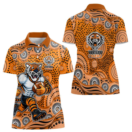 Wests Tigers Women Polo Shirt Aboriginal Dot Pattern - Rugby Mascot Heritage Pride
