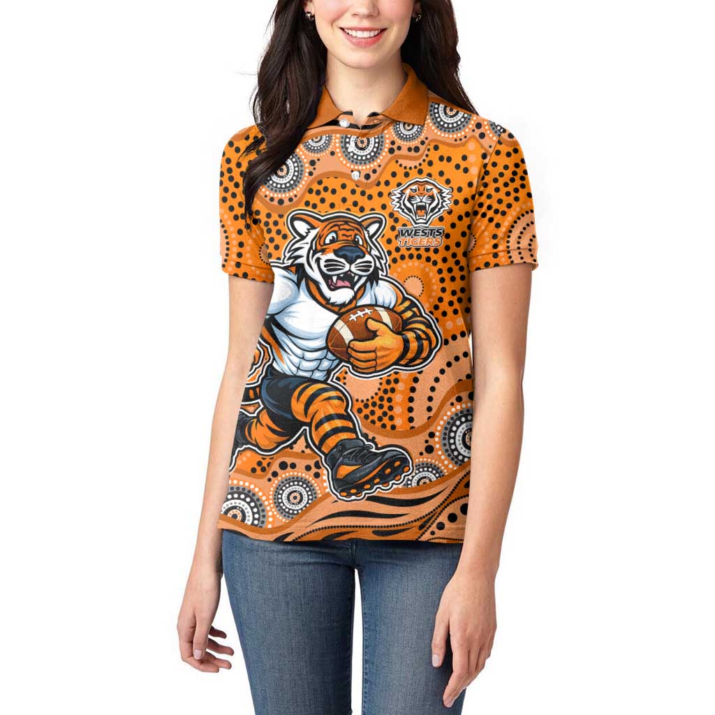 Wests Tigers Women Polo Shirt Aboriginal Dot Pattern - Rugby Mascot Heritage Pride