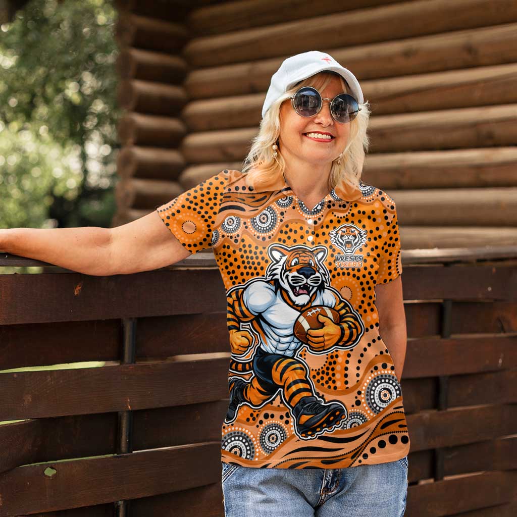 Wests Tigers Women Polo Shirt Aboriginal Dot Pattern - Rugby Mascot Heritage Pride