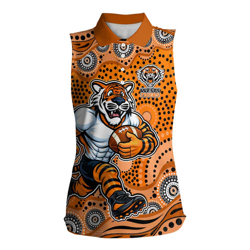 Wests Tigers Women Sleeveless Polo Shirt Aboriginal Dot Pattern - Rugby Mascot Heritage Pride