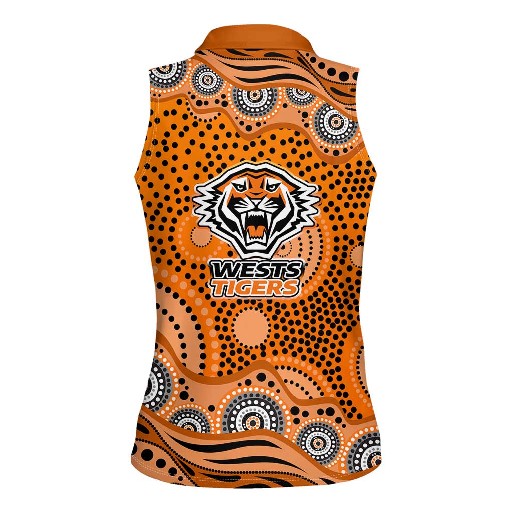 Wests Tigers Women Sleeveless Polo Shirt Aboriginal Dot Pattern - Rugby Mascot Heritage Pride