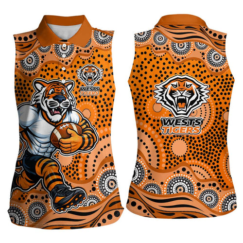 Wests Tigers Women Sleeveless Polo Shirt Aboriginal Dot Pattern - Rugby Mascot Heritage Pride