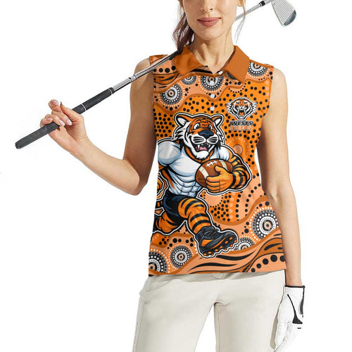 Wests Tigers Women Sleeveless Polo Shirt Aboriginal Dot Pattern - Rugby Mascot Heritage Pride