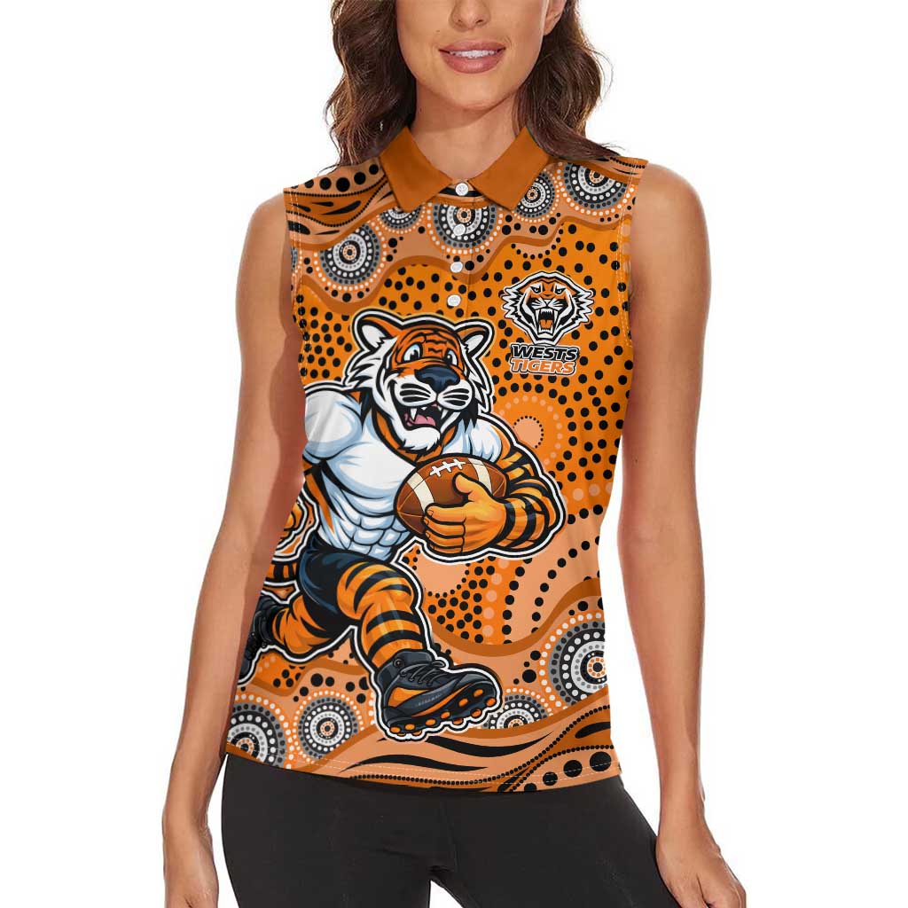 Wests Tigers Women Sleeveless Polo Shirt Aboriginal Dot Pattern - Rugby Mascot Heritage Pride