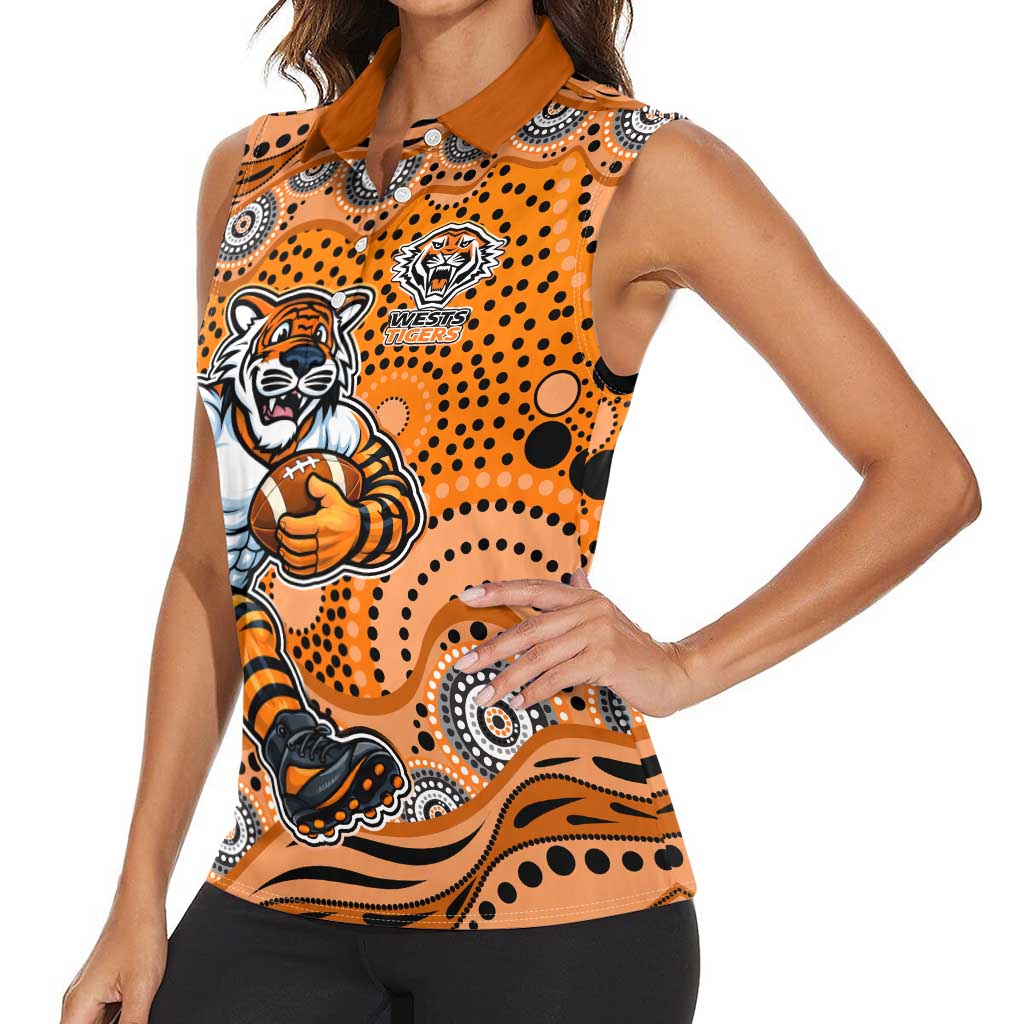 Wests Tigers Women Sleeveless Polo Shirt Aboriginal Dot Pattern - Rugby Mascot Heritage Pride