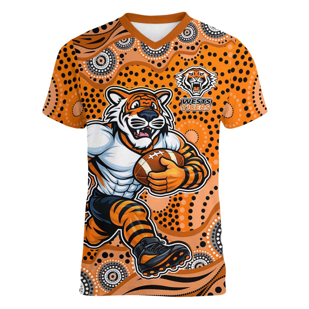 Wests Tigers Women V-Neck T-Shirt Aboriginal Dot Pattern - Rugby Mascot Heritage Pride