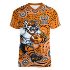 Wests Tigers Women V-Neck T-Shirt Aboriginal Dot Pattern - Rugby Mascot Heritage Pride