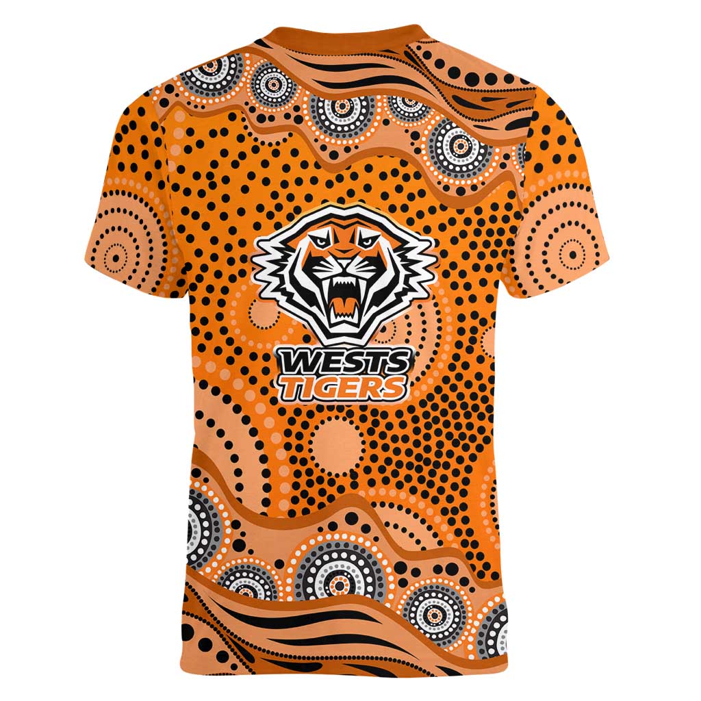 Wests Tigers Women V-Neck T-Shirt Aboriginal Dot Pattern - Rugby Mascot Heritage Pride