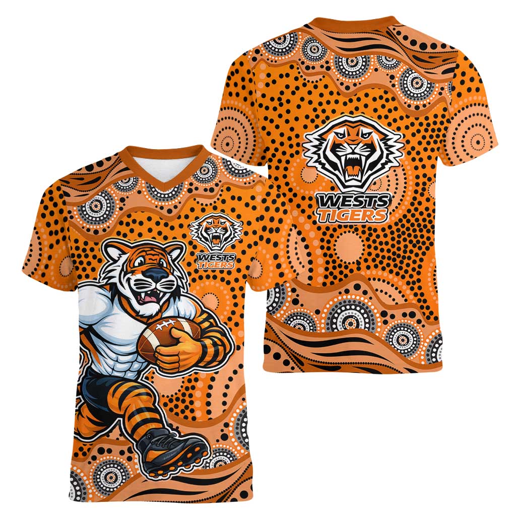 Wests Tigers Women V-Neck T-Shirt Aboriginal Dot Pattern - Rugby Mascot Heritage Pride