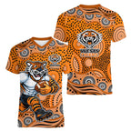 Wests Tigers Women V-Neck T-Shirt Aboriginal Dot Pattern - Rugby Mascot Heritage Pride
