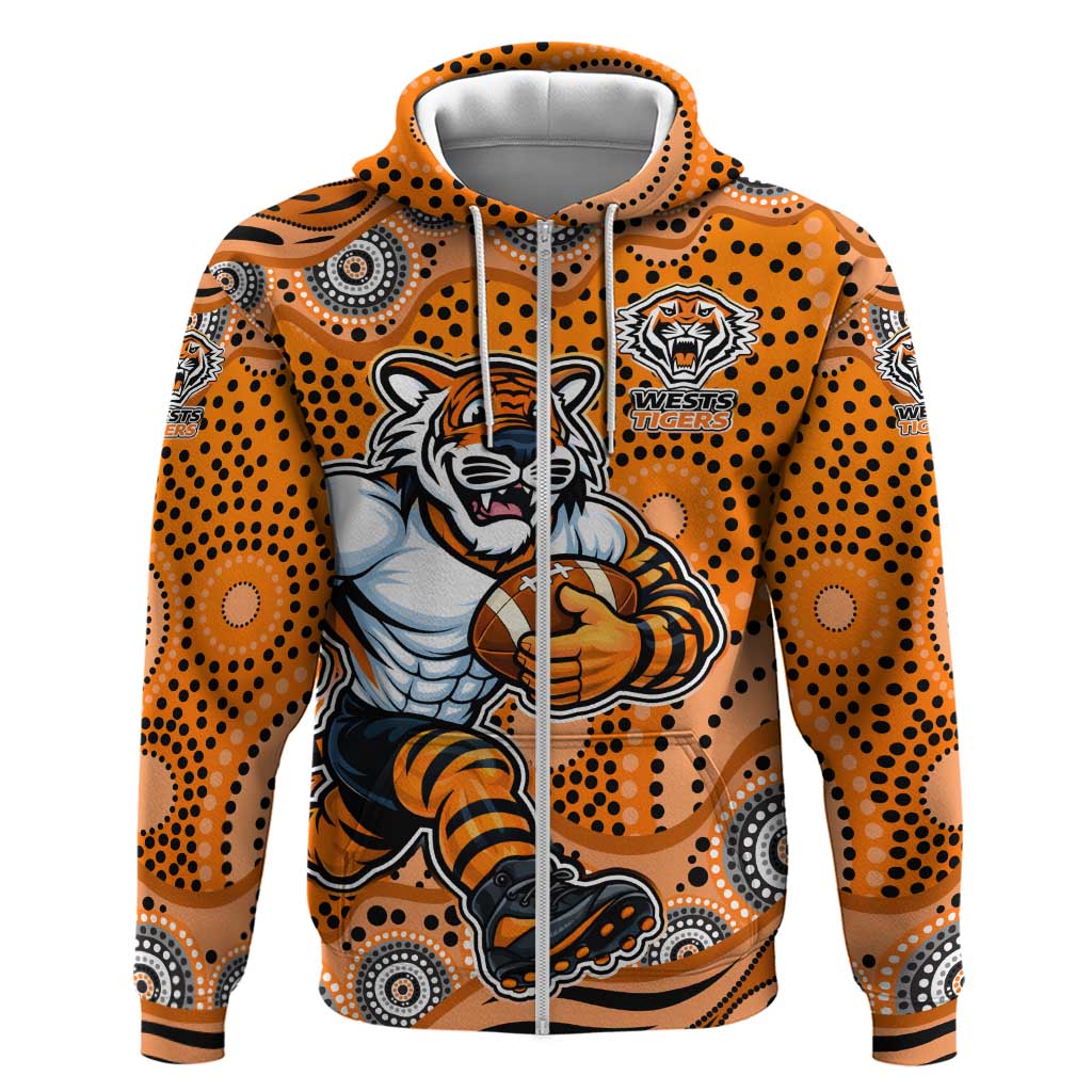 Wests Tigers Zip Hoodie Aboriginal Dot Pattern - Rugby Mascot Heritage Pride