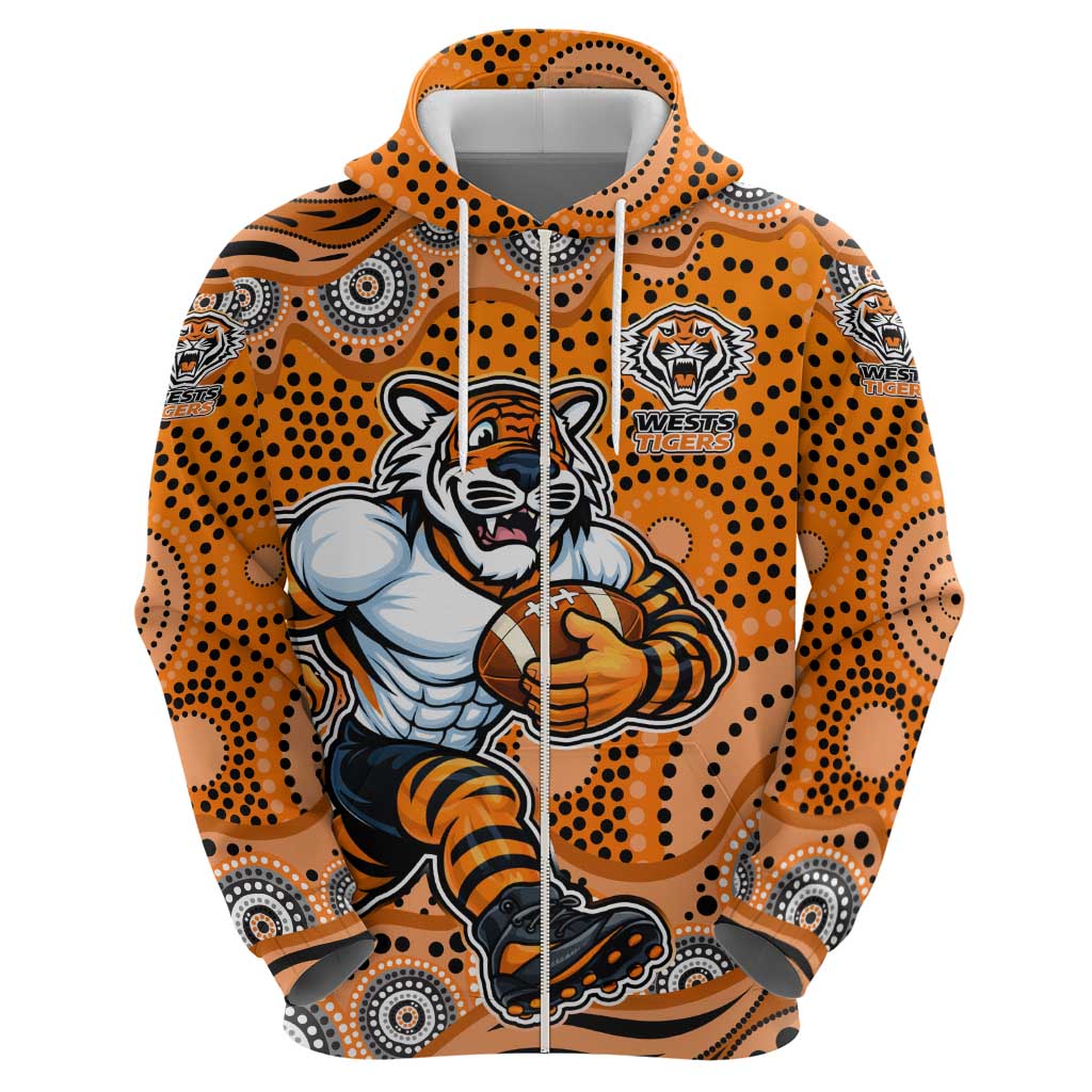 Wests Tigers Zip Hoodie Aboriginal Dot Pattern - Rugby Mascot Heritage Pride