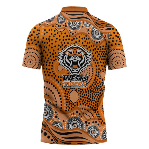 Wests Tigers Zipper Polo Shirt Aboriginal Dot Pattern - Rugby Mascot Heritage Pride