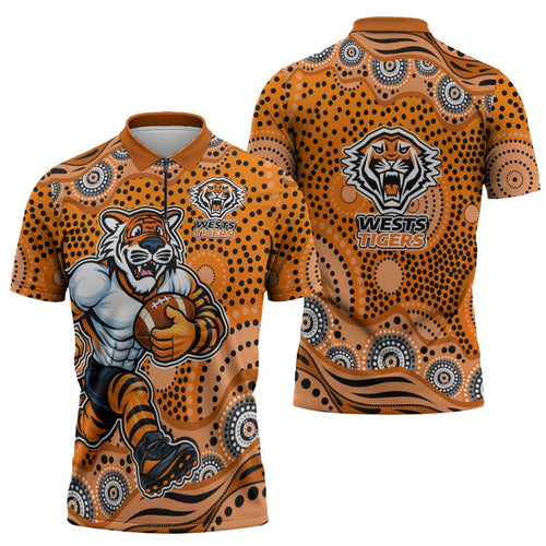 Wests Tigers Zipper Polo Shirt Aboriginal Dot Pattern - Rugby Mascot Heritage Pride