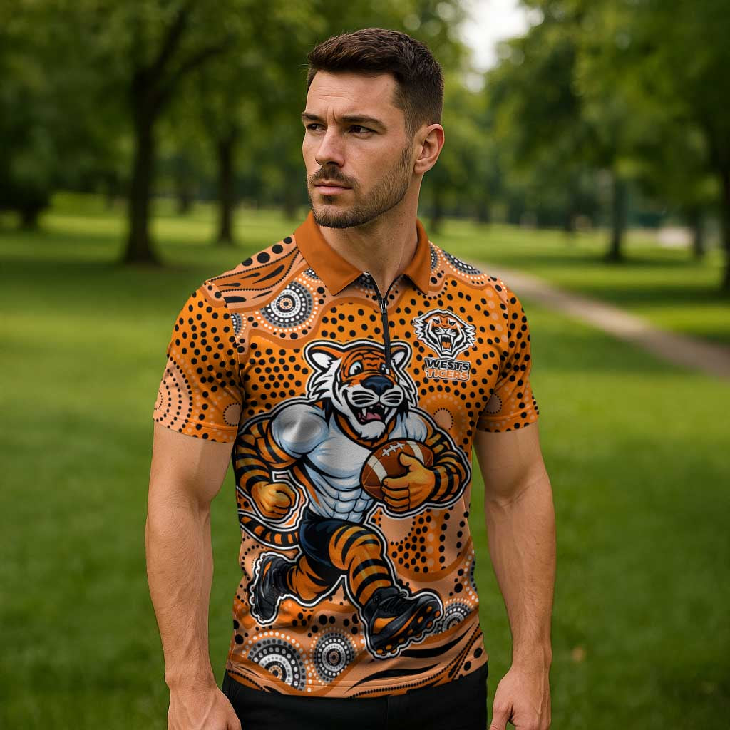 Wests Tigers Zipper Polo Shirt Aboriginal Dot Pattern - Rugby Mascot Heritage Pride