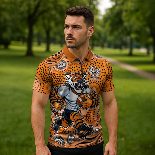 Wests Tigers Zipper Polo Shirt Aboriginal Dot Pattern - Rugby Mascot Heritage Pride