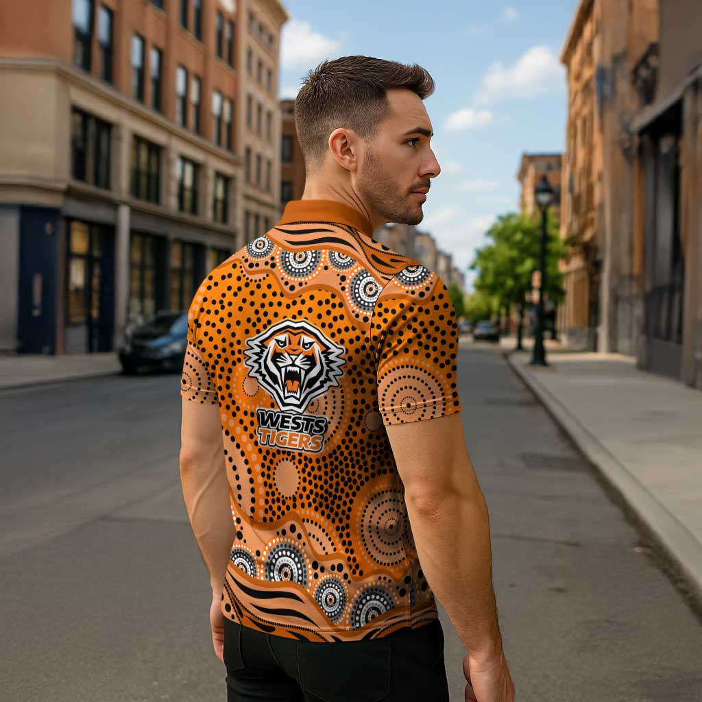 Wests Tigers Zipper Polo Shirt Aboriginal Dot Pattern - Rugby Mascot Heritage Pride