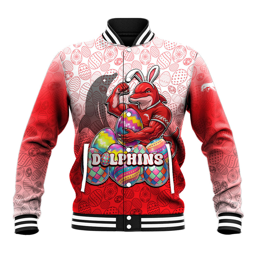 Personalized Dolphins Baseball Jacket Easter Mascot - Colorful Eggs Cartoon Style