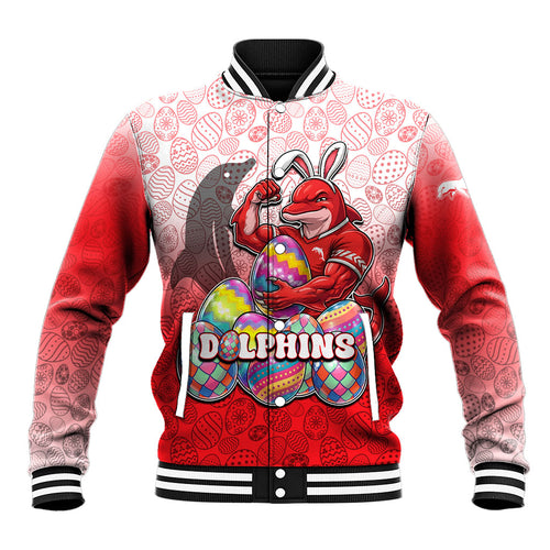 Personalized Dolphins Baseball Jacket Easter Mascot - Colorful Eggs Cartoon Style