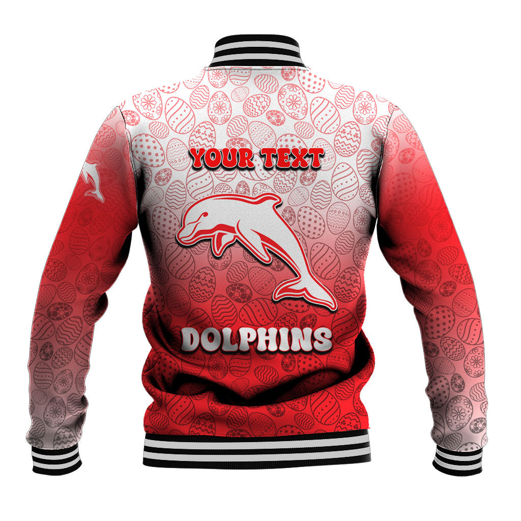 Personalized Dolphins Baseball Jacket Easter Mascot - Colorful Eggs Cartoon Style