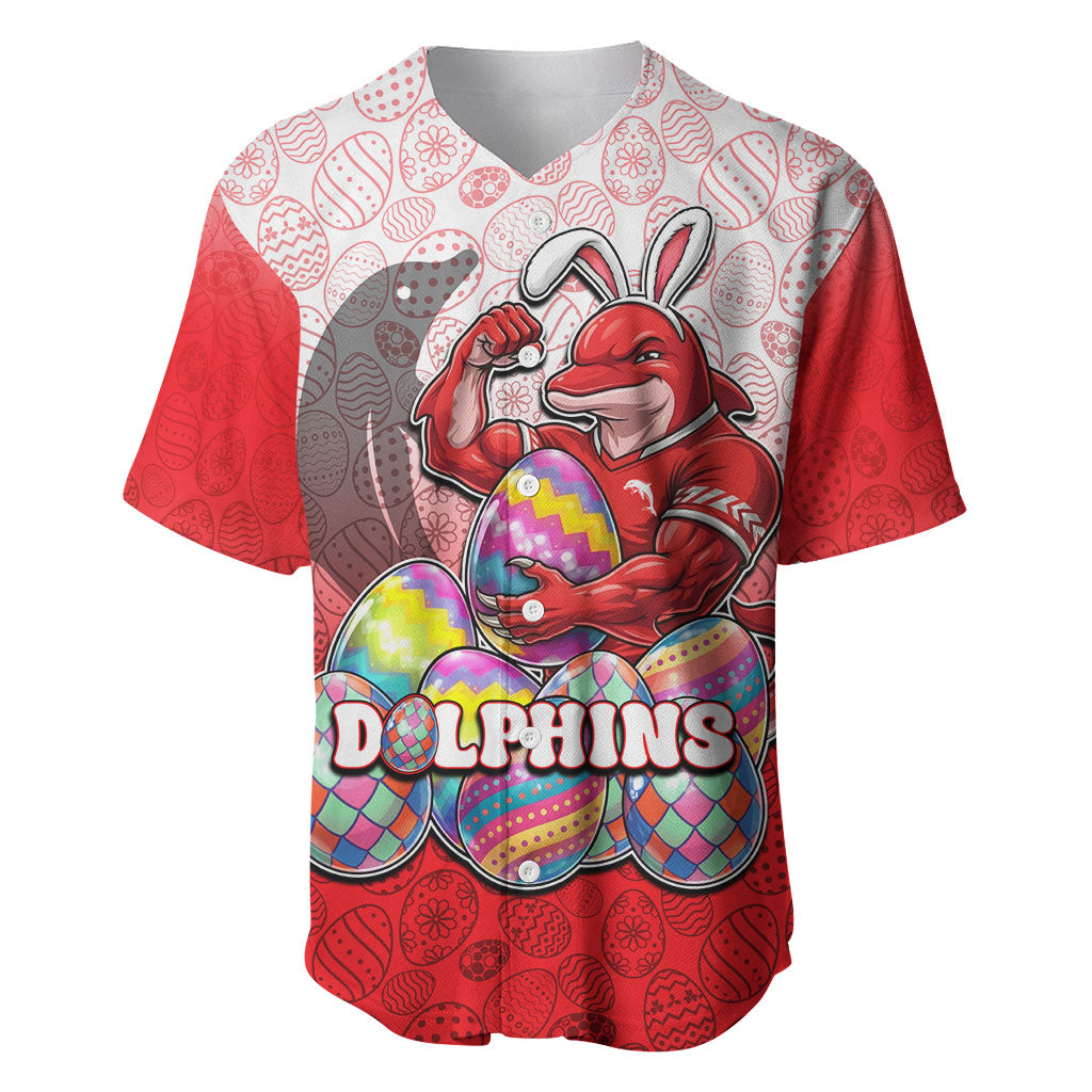 Personalized Dolphins Baseball Jersey Easter Mascot - Colorful Eggs Cartoon Style
