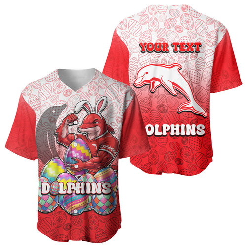 Personalized Dolphins Baseball Jersey Easter Mascot - Colorful Eggs Cartoon Style