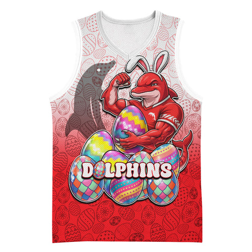 Personalized Dolphins Basketball Jersey Easter Mascot - Colorful Eggs Cartoon Style