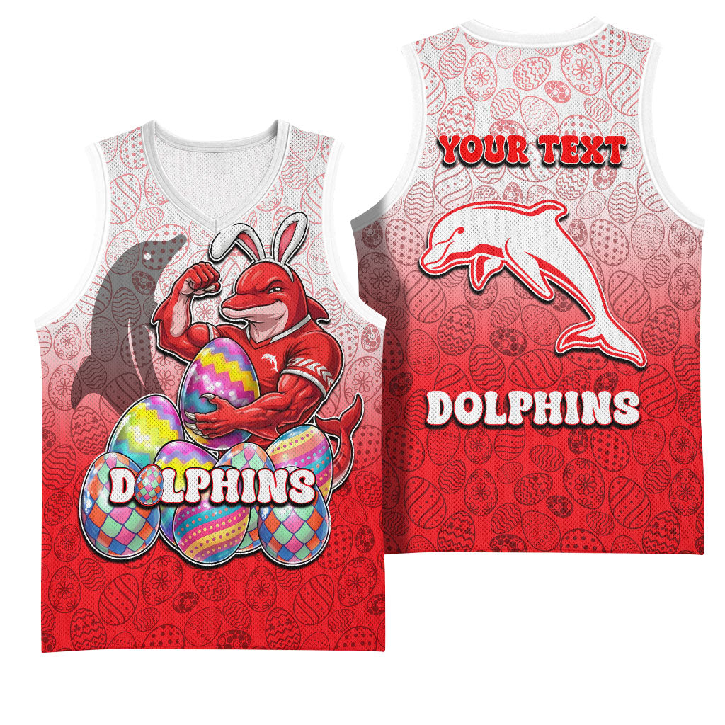 Personalized Dolphins Basketball Jersey Easter Mascot - Colorful Eggs Cartoon Style