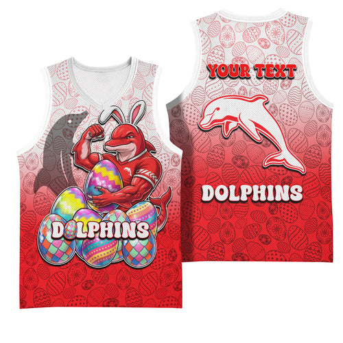 Personalized Dolphins Basketball Jersey Easter Mascot - Colorful Eggs Cartoon Style