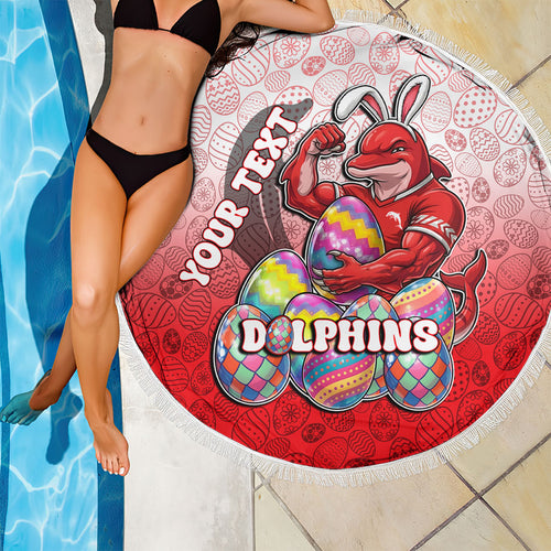 Personalized Dolphins Beach Blanket Easter Mascot - Colorful Eggs Cartoon Style