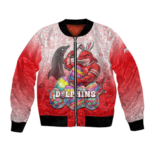 Personalized Dolphins Bomber Jacket Easter Mascot - Colorful Eggs Cartoon Style