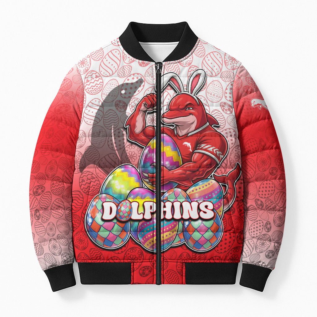Personalized Dolphins Bomber Puffer Jacket Easter Mascot - Colorful Eggs Cartoon Style