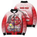 Personalized Dolphins Bomber Puffer Jacket Easter Mascot - Colorful Eggs Cartoon Style