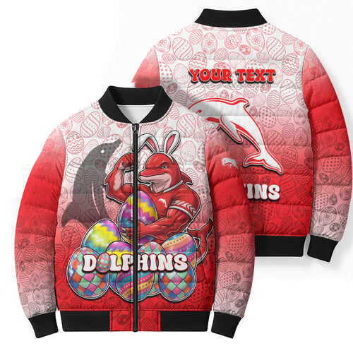 Personalized Dolphins Bomber Puffer Jacket Easter Mascot - Colorful Eggs Cartoon Style