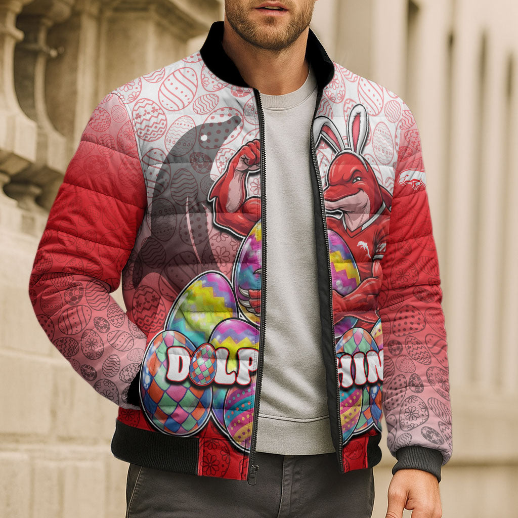 Personalized Dolphins Bomber Puffer Jacket Easter Mascot - Colorful Eggs Cartoon Style