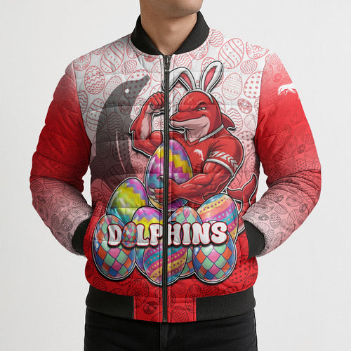 Personalized Dolphins Bomber Puffer Jacket Easter Mascot - Colorful Eggs Cartoon Style
