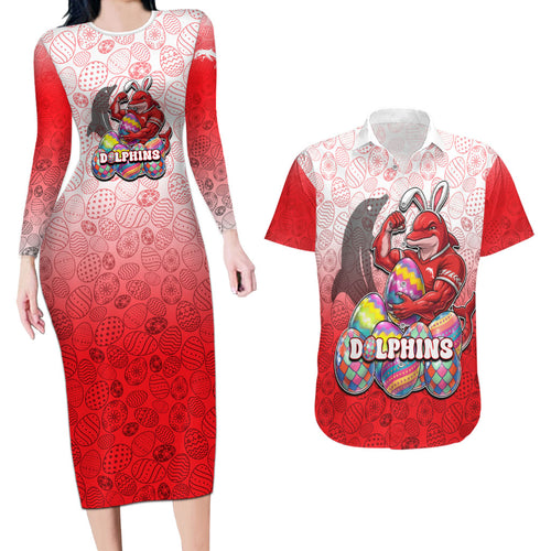 Personalized Dolphins Couples Matching Long Sleeve Bodycon Dress and Hawaiian Shirt Easter Mascot - Colorful Eggs Cartoon Style