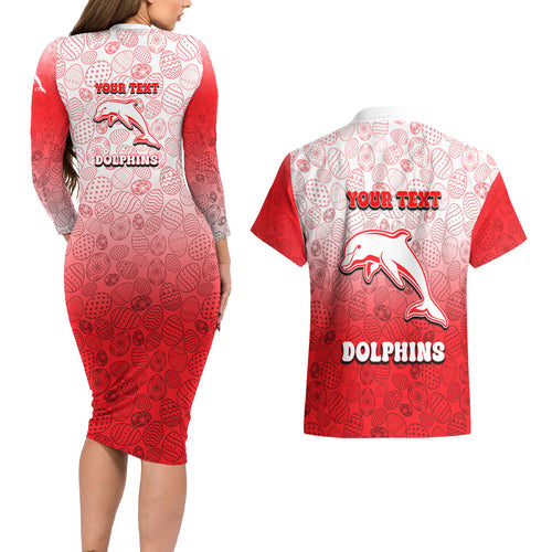 Personalized Dolphins Couples Matching Long Sleeve Bodycon Dress and Hawaiian Shirt Easter Mascot - Colorful Eggs Cartoon Style
