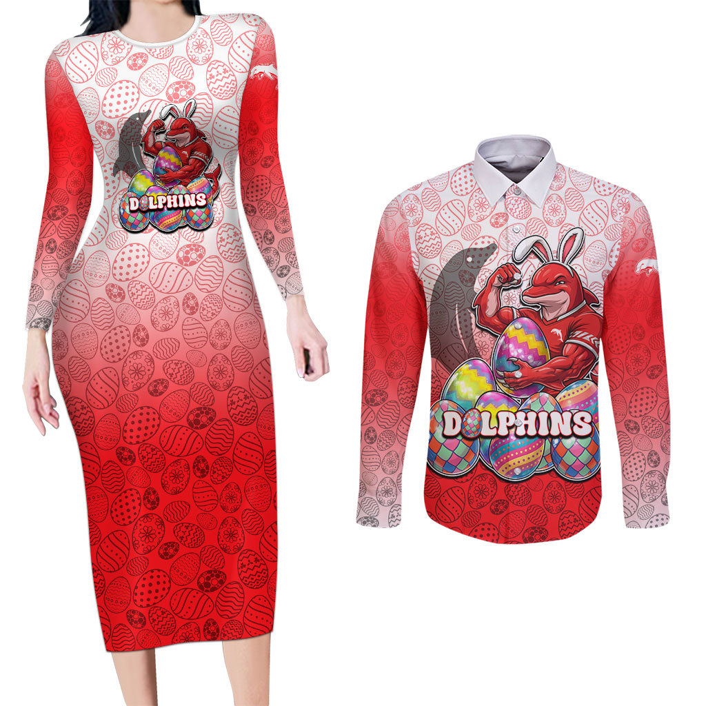 Personalized Dolphins Couples Matching Long Sleeve Bodycon Dress and Long Sleeve Button Shirt Easter Mascot - Colorful Eggs Cartoon Style