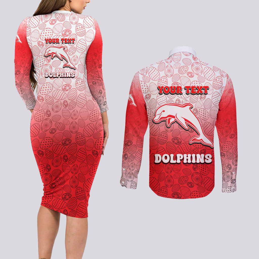 Personalized Dolphins Couples Matching Long Sleeve Bodycon Dress and Long Sleeve Button Shirt Easter Mascot - Colorful Eggs Cartoon Style