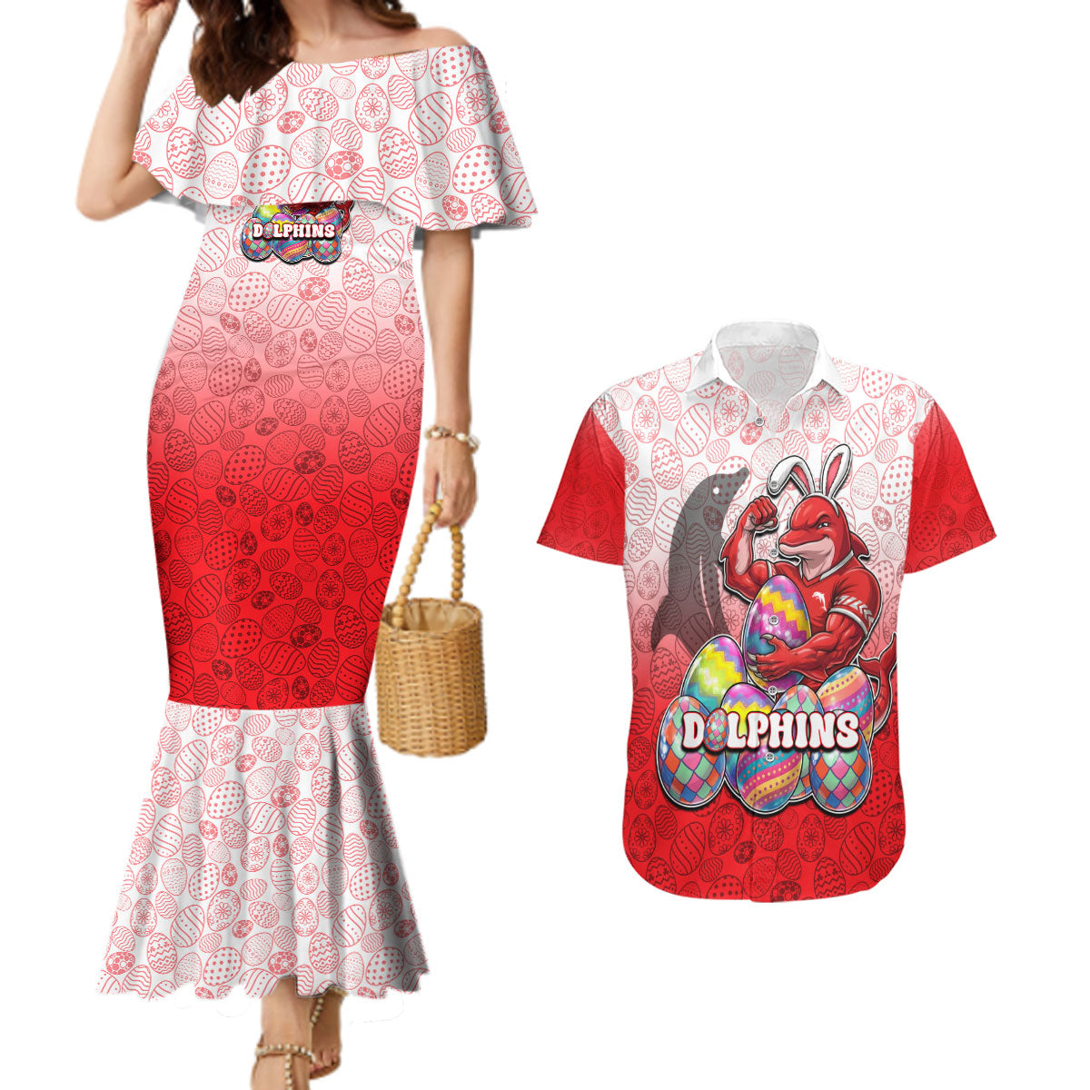 Personalized Dolphins Couples Matching Mermaid Dress and Hawaiian Shirt Easter Mascot - Colorful Eggs Cartoon Style