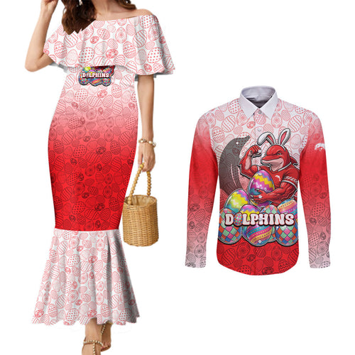 Personalized Dolphins Couples Matching Mermaid Dress and Long Sleeve Button Shirt Easter Mascot - Colorful Eggs Cartoon Style