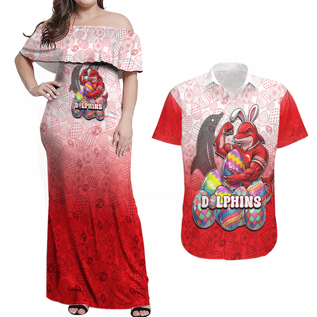 Personalized Dolphins Couples Matching Off Shoulder Maxi Dress and Hawaiian Shirt Easter Mascot - Colorful Eggs Cartoon Style