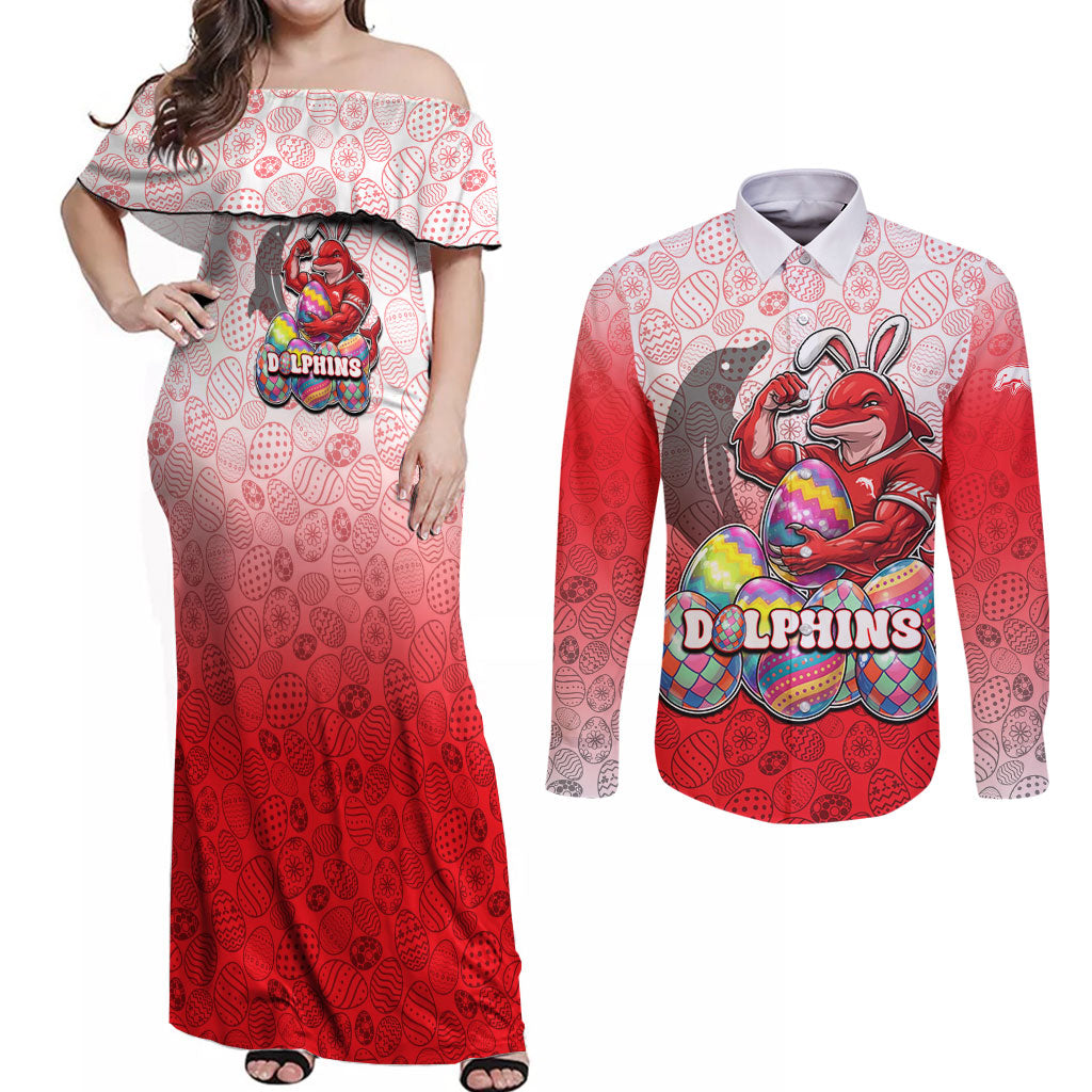 Personalized Dolphins Couples Matching Off Shoulder Maxi Dress and Long Sleeve Button Shirt Easter Mascot - Colorful Eggs Cartoon Style