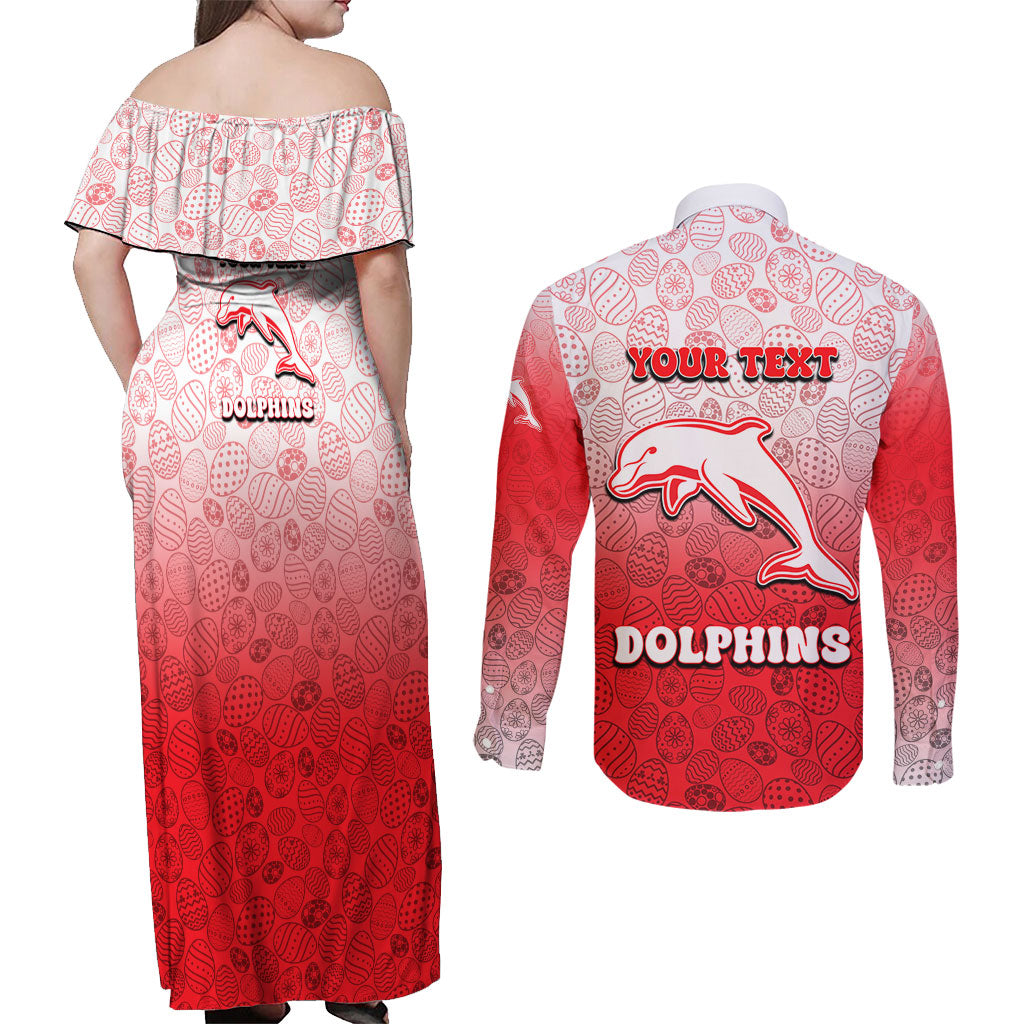 Personalized Dolphins Couples Matching Off Shoulder Maxi Dress and Long Sleeve Button Shirt Easter Mascot - Colorful Eggs Cartoon Style