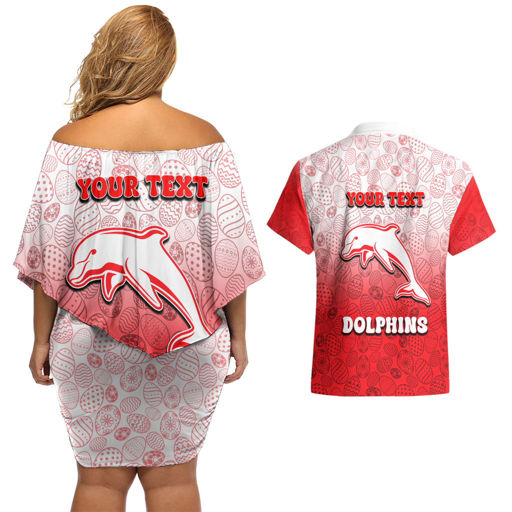 Personalized Dolphins Couples Matching Off Shoulder Short Dress and Hawaiian Shirt Easter Mascot - Colorful Eggs Cartoon Style