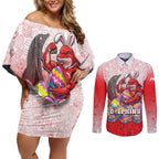 Personalized Dolphins Couples Matching Off Shoulder Short Dress and Long Sleeve Button Shirt Easter Mascot - Colorful Eggs Cartoon Style