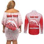 Personalized Dolphins Couples Matching Off Shoulder Short Dress and Long Sleeve Button Shirt Easter Mascot - Colorful Eggs Cartoon Style