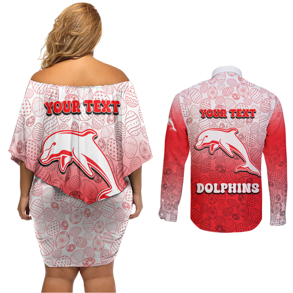 Personalized Dolphins Couples Matching Off Shoulder Short Dress and Long Sleeve Button Shirt Easter Mascot - Colorful Eggs Cartoon Style