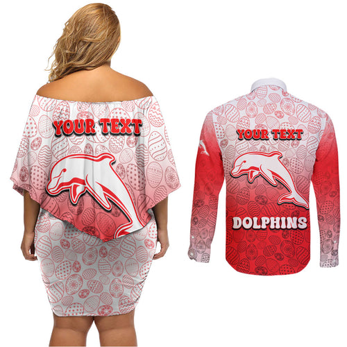 Personalized Dolphins Couples Matching Off Shoulder Short Dress and Long Sleeve Button Shirt Easter Mascot - Colorful Eggs Cartoon Style